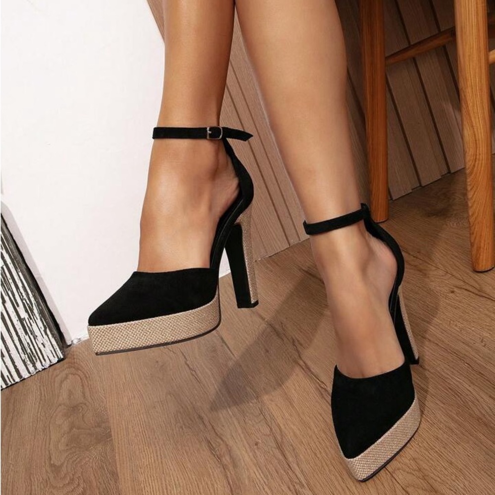 Chunky Heel Suede Pointed Toe Color Block Platfor… - image 2